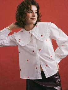 Poéselle 女士爱心印花彼得潘领长袖单排扣可爱衬衫，优雅休闲女式衬衫，情人节礼物，女士外出上衣，春夏款 - 白色 - 查看 5