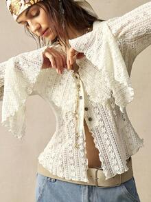 Bohemela BOHO Vacation White Lace Knit Flare Long Sleeve V-Neck Blouse For Women - Apricot - View 2