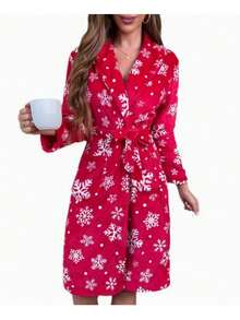 女士睡袍一件装，印花时尚浴袍，宽松长袖柔软保暖绒袍，适合冬季穿着，也适合派对、日常、学生夏季婚礼、家居浴室装饰等场合。 - 粉色 - 查看 4