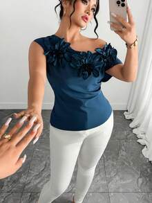 Elenzga Plus Size Women Floral Decor Oblique Shoulder Fashionable Vintage Elegant Casual Date Holiday Blouse - Blue - View 3