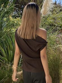 Livesso Women's Casual Slim Fit Asymmetric-Shoulder Shirt Summer Vacation - Coffee Brown - View 2