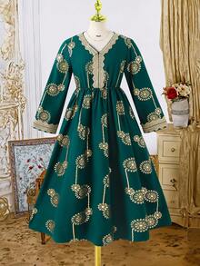 Tween-Mädchen Kleid mit V-Ausschnitt, metallisch, plissiert, elegant für Party und Anlässe, Langarm - Grün - Übersicht 4