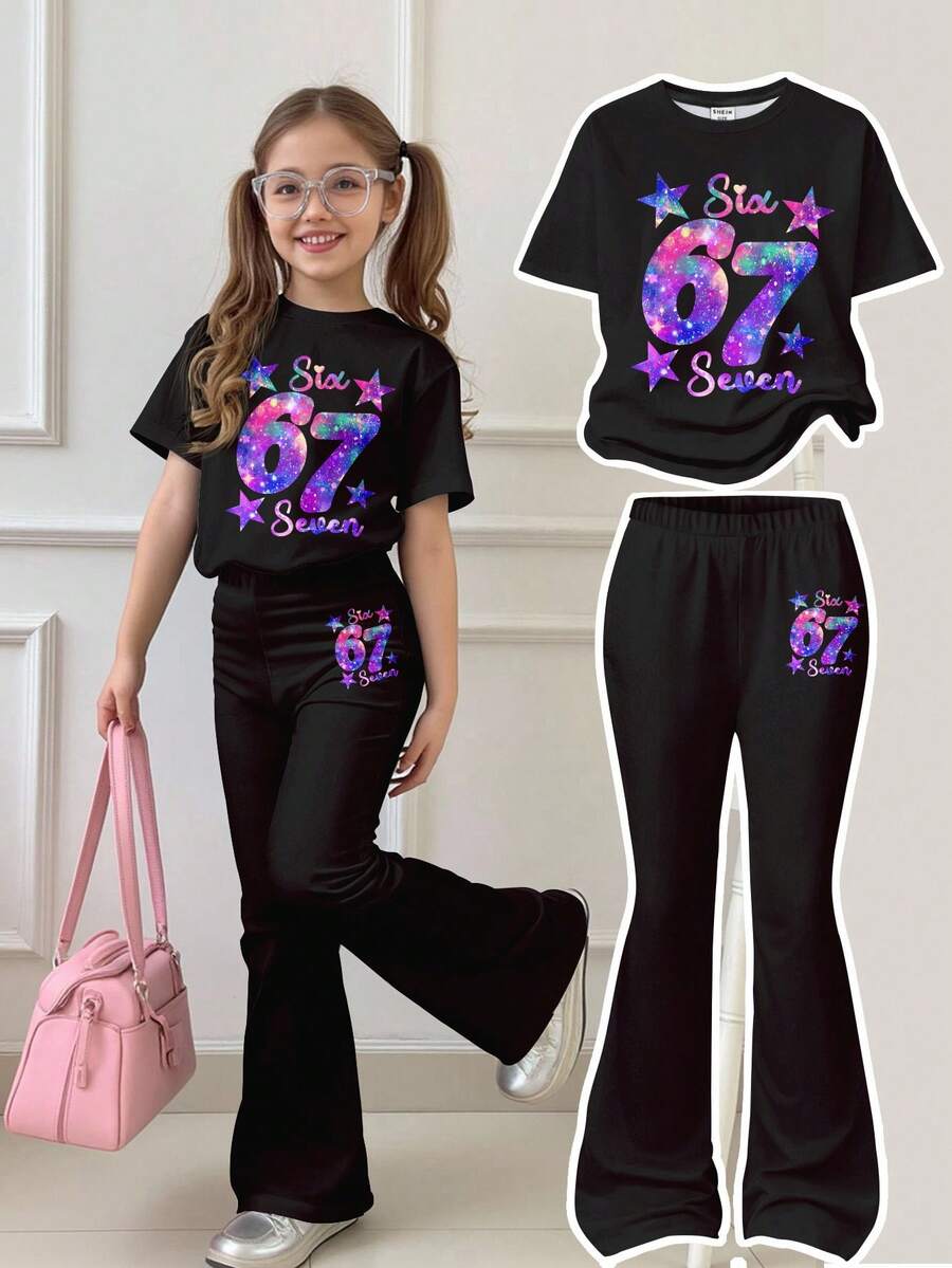 SHEIN 全黑时尚星空彩色67图案印花“随心所欲”女童休闲卡通图案圆领短袖上衣和喇叭裤两件套，春夏装扮，舒适百搭，适合小女孩，时尚童装，休闲服饰，儿童彩色星空数字图案服装，别致新颖 - 彩色 - 查看 1