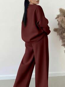 EMERY ROSE Women's Casual Commuting Simple Solid Color Drop Shoulder Loose Crew Neck Sweatshirt And Wide Leg Sweatpants 2 Piece Set - Burgundy - View 2