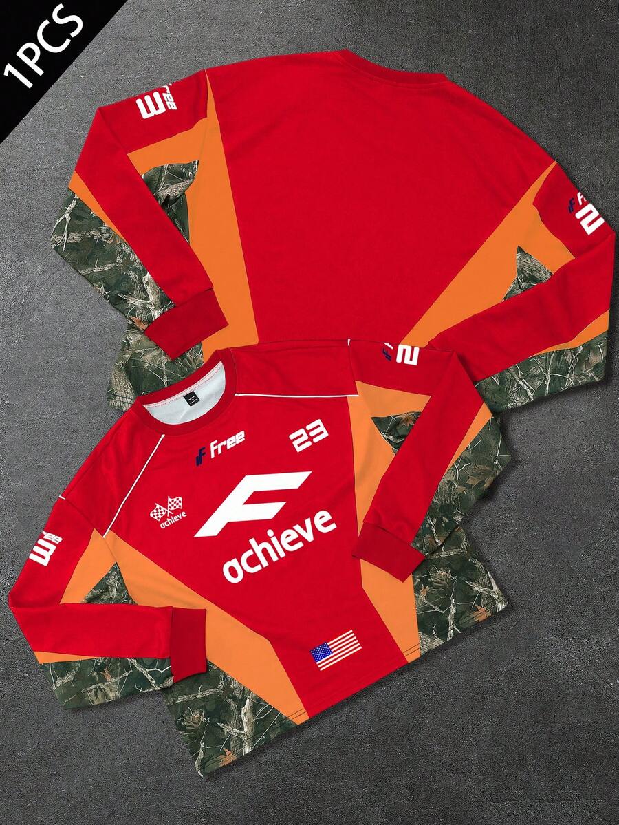 PAVTROS 1 buah Sweatshirt Pullover Longgar Pria, Grafis Balap Kamuflase, Warna Kontras, Pakaian Jalanan, Musim Gugur, Liburan, Hari Kemerdekaan, Sepak Bola Y2K, Ide Hadiah - MultiWarna - View 1