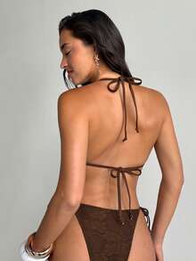 Aloruh 女士夏季新款扎染印花比基尼套装，性感派对音乐节炫彩贝壳装饰女士泳装，女士沙滩装，女士度假装 - 棕色 - 查看 3