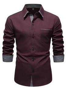 Manfinity Mode Camisa casual de hombre con manga larga, diseño de parches a cuadros - Marrón Chocolate - Ver 3