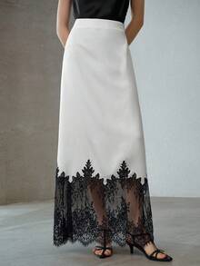 MOTF PREMIUM WOMEN'S SATIN & LACE PATCHWORK CONTRAST COLOR SKIRT - Black and White - View 4