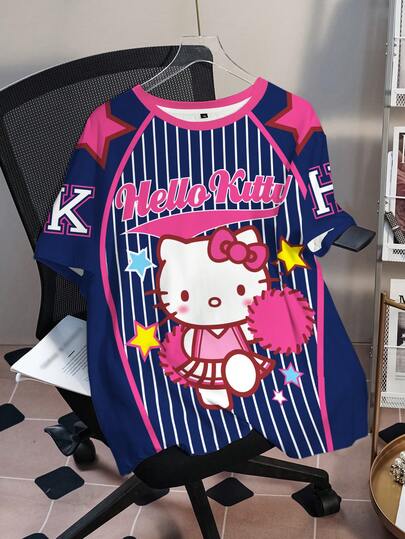 HELLO KITTY AND FRIENDS | SHEIN 大码女式夏季休闲街头趣味可爱卡通字母条纹印花插肩短袖T恤