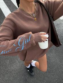 SHEIN EZwear Áo sweatshirt nữ dáng rộng, in chữ, vai rớt, túi kangaroo, cổ tròn, thời trang thường ngày, phong cách đường phố, thích hợp đi làm. - Cà phê nâu - Xem 5