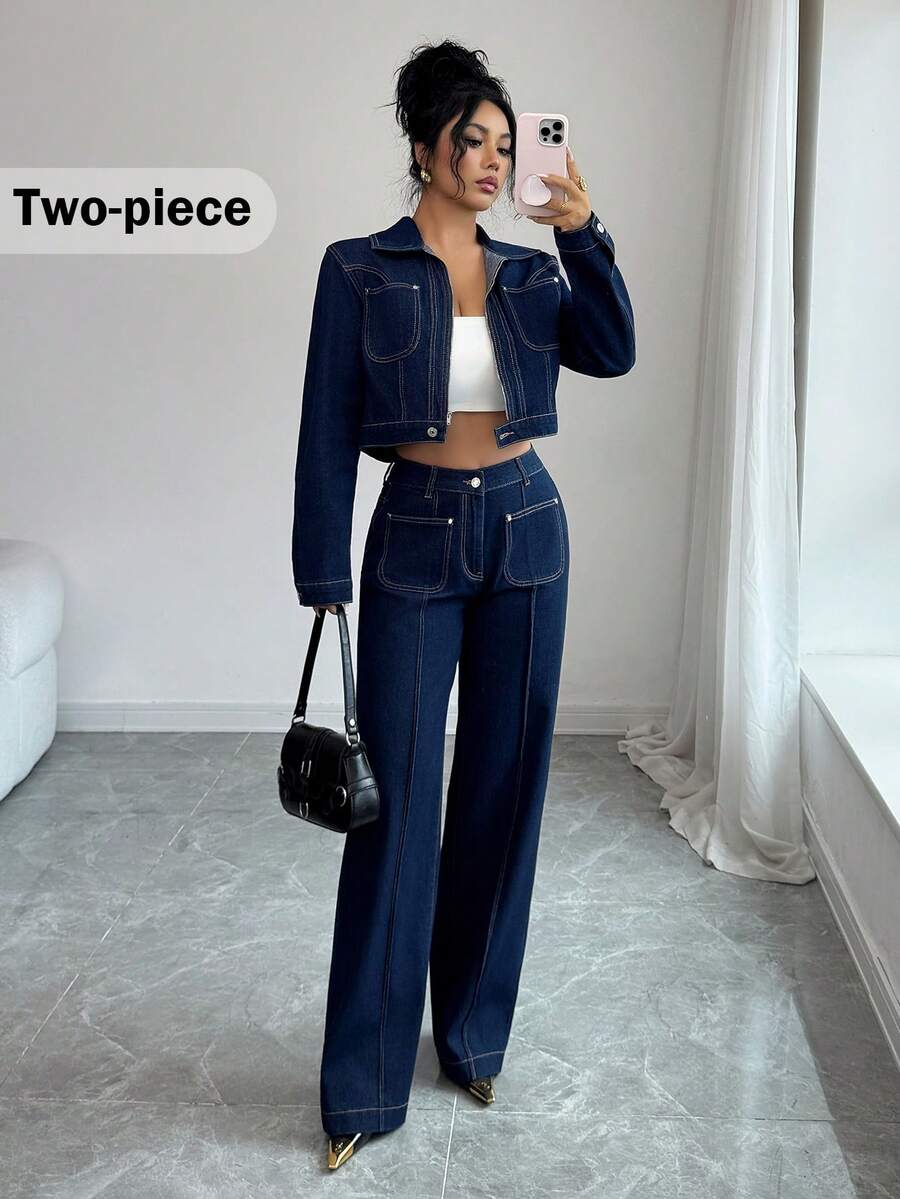 Elenzga Casual Loose Non-Stretch Dark Washed High-End Lapel Jacket & Straight Leg Jeans Set - Dark Wash - View 1