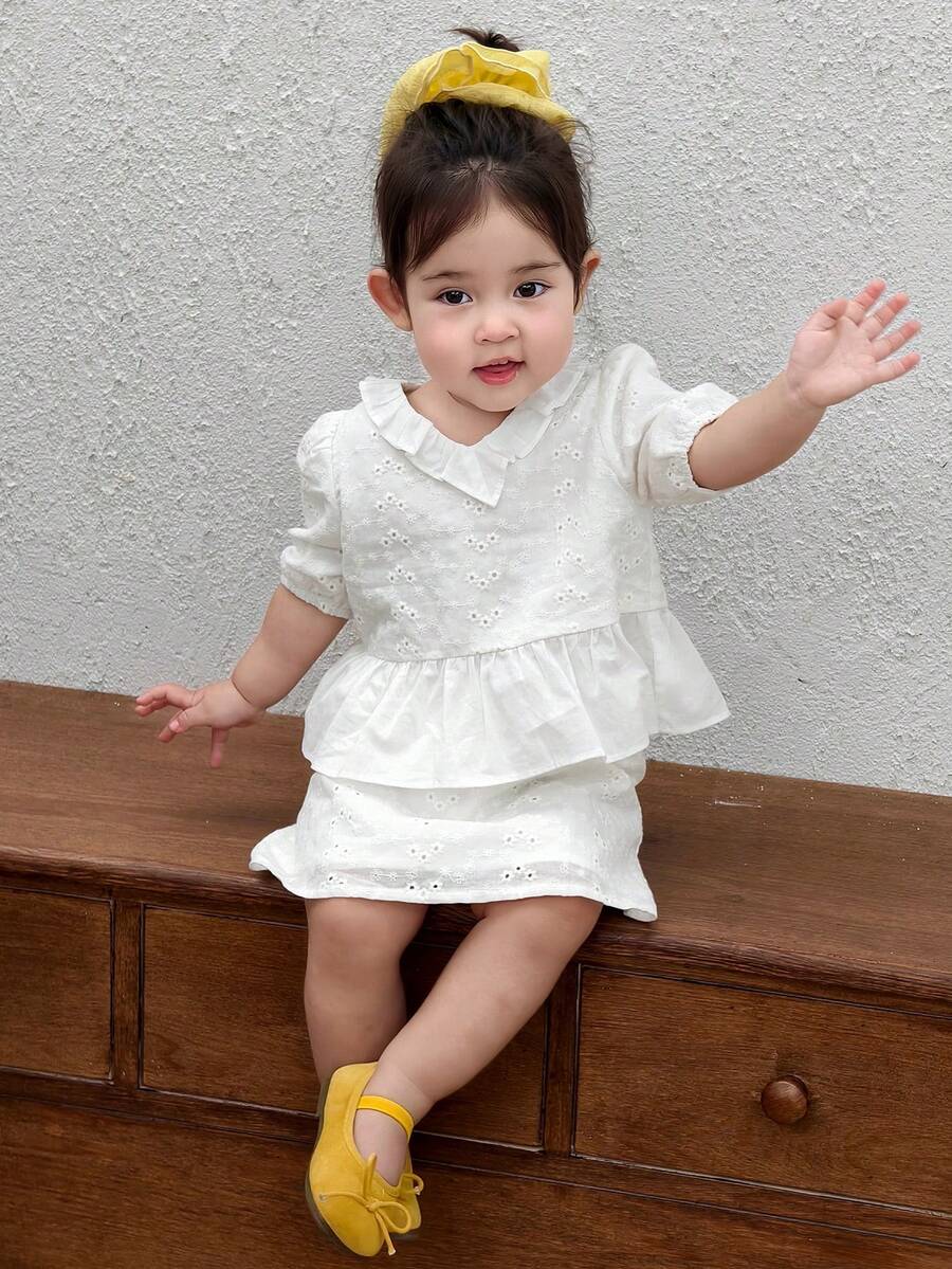 DAZY 女童V领荷叶边蕾丝镂空上衣和A字裙两件套