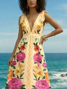 CAJUNI Women's Casual Vacation Tropical Yellow Lily & Peony Floral Print Tie Strap Off-Shoulder Dress, Elegant Dress For Date Outfit - Yellow - View 1