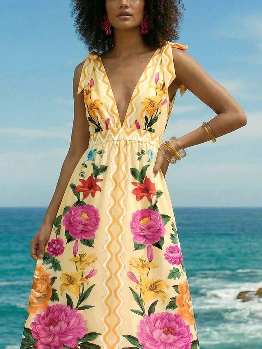 CAJUNI Women's Casual Vacation Tropical Yellow Lily & Peony Floral Print Tie Strap Off-Shoulder Dress, Elegant Dress For Date Outfit - Yellow - View 1