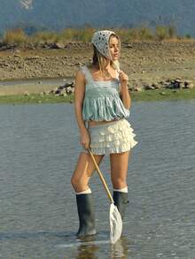 WESTFADE Square Neck Floral Embroidered 100% Cotton & Lace Smocked Back Bubble Hem Tank Top - Green - View 4