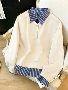 Resyla Casual Beige Patchwork Striped Collared 2 In 1 Sweatshirt, Autumn - Beige - View 1