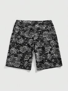 ROMWE MEN Men's Textured Floral Pattern Button Casual Versatile Denim Shorts - Black - View 8