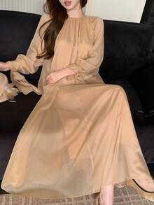 DAZY Spring & Summer Chiffon Blouse & Flared Skirt 2-Piece Set, Elegant Tie-Up Design, Suitable For Casual, Vacation, Beach, Wedding, Valentine's Day - Champagne - View 7