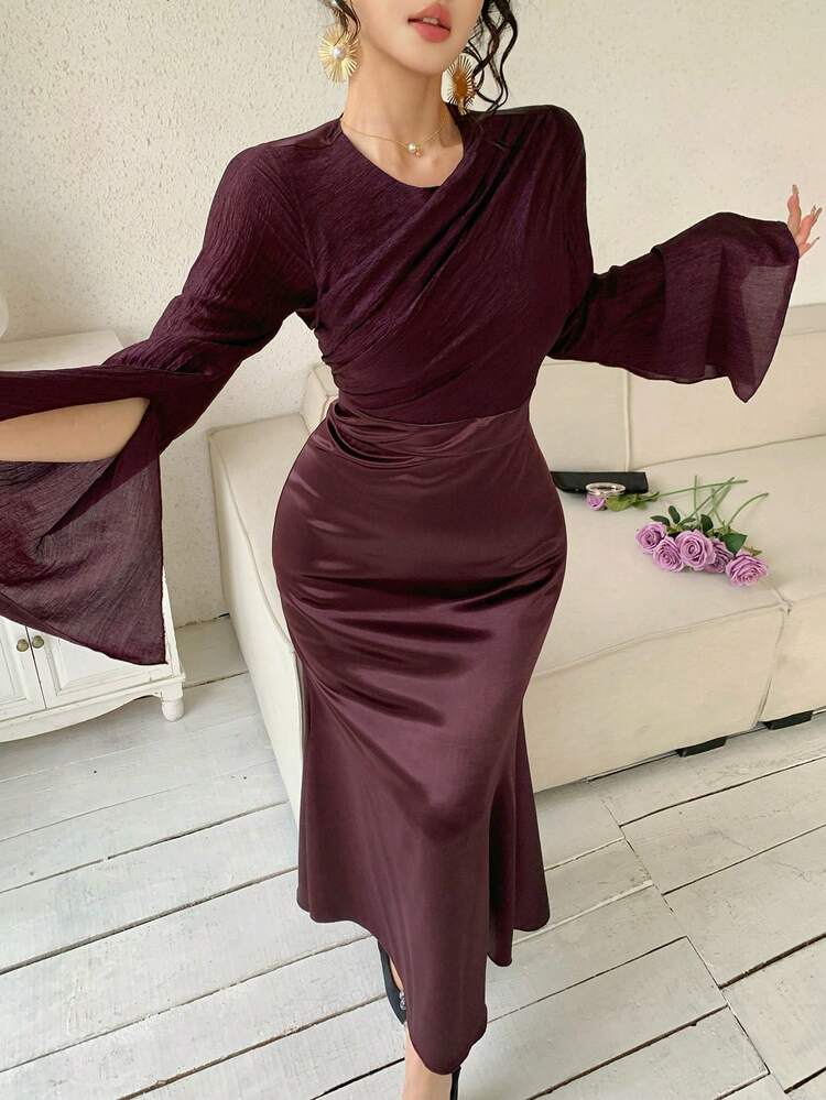 Spring & Summer Fashion Red Satin Texture Elegant Ruched Mermaid Hem Long Sleeve Midi Dress, Suitable For Valentine's Day, Wedding, Casual Wedding Guest Dress Sundress