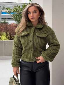Jeta Ari Chaqueta casual de manga larga, de un solo botonadura, de color liso y esponjosa, para mujer, apta para otoño/invierno - Verde militar - Ver 5