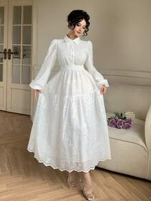 DAZY Robe élégante pour femmes avec patchwork en dentelle, col en V et manches bouffantes, printemps/été