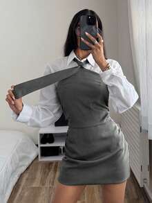 StreetHx Women's Tie Neck Ruched Mini Dress,Spring Break Outfits , Casual Dresses For Women - Dark Grey - View 6