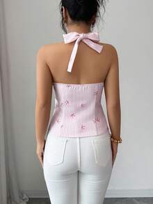 SHEIN Elenzya Áo tank top không tay ôm sát in họa tiết nơ và sọc dành cho nữ - Hồng - Xem 3