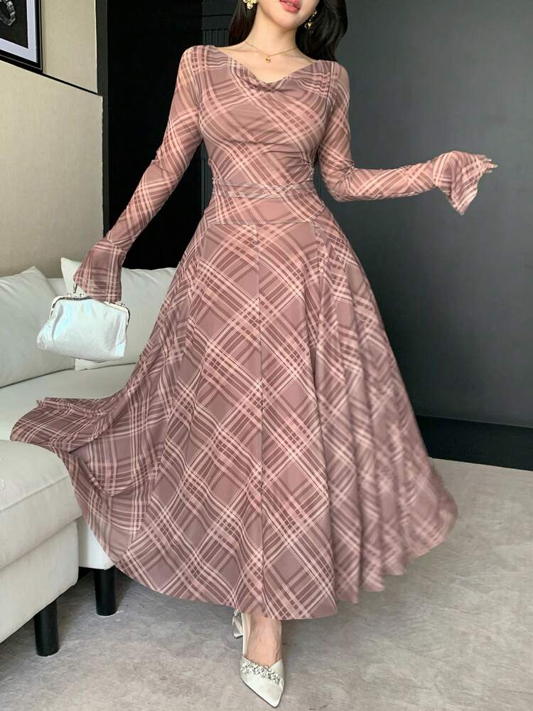 Women's Elegant Draped Collar Mid-Length Dress, Autumn/Winter Wedding Guest Dress