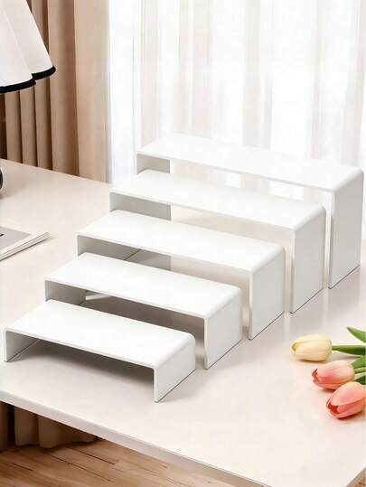 3/4/5-Piece Acrylic Display Stand Set, White Organizer For Collectibles, Desserts, Figurines, Cupcake & Candy Sticks, Rectangular Layered Desktop Shelf For Home, Kitchen, Office, Dorm Storage & Decoration
