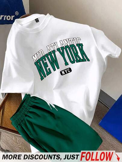 Manfinity Joysei 2 件男士夏季字母印花圆领短袖休闲 T 恤和抽绳腰短裤套装，舒适服装