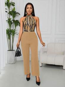 Lyxana 女士优雅印花露背连体裤 - 卡其色 - 查看 4