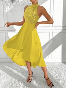 Chiquease 1 chiếc đầm maxi thanh lịch đính sequin, cổ yếm, vạt bất đối xứng, thích hợp cho các bữa tiệc ngày lễ dành cho nữ. - Màu vàng - Xem 4