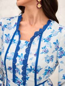 SHEIN Najma Women's Spring/Summer Arabic Style Dress With Flared Sleeves, Collar, Contrast Trim And Tie Details - Blue - View 7