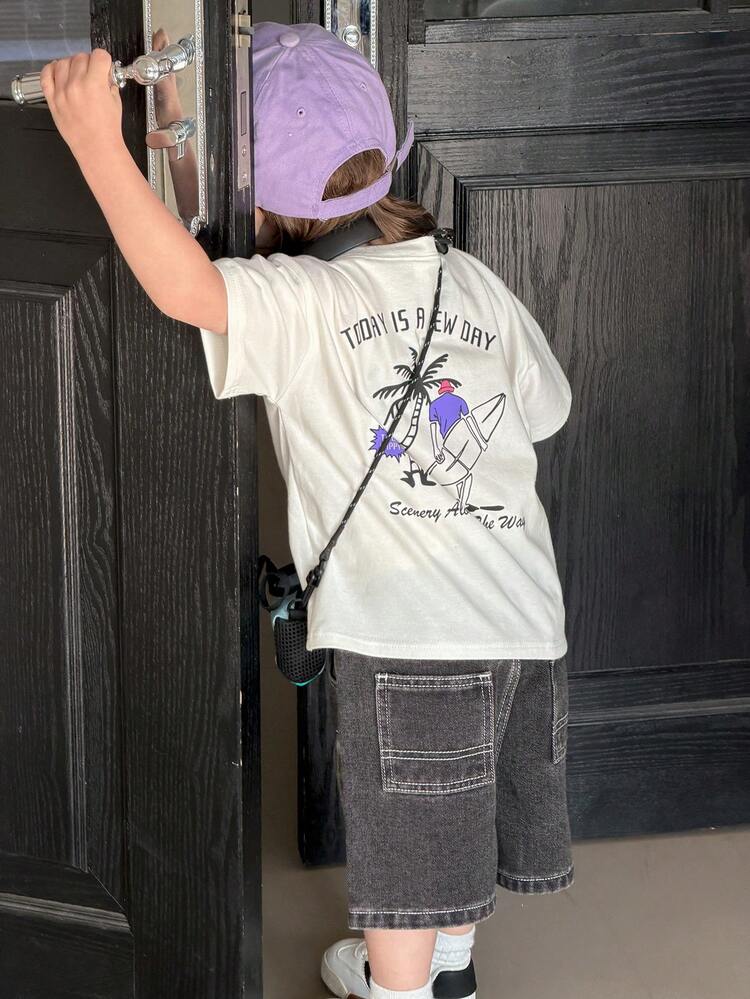 Toddler Boys' Casual Cartoon Print Short Sleeve Crew Neck Top, Summer