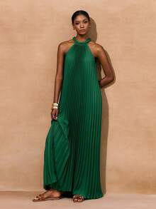 Zivah 2025春季新音乐节、复活节、西部风、游牧风、生日派对、毕业季、学院风、极简主义、街头时尚侧开衩口袋、飘逸的吊带编织绳装饰、褶皱装饰、编织纹理面料A字型长款连衣裙，女士裹身连衣裙，绿色女士谈话连衣裙，敬拜连衣裙，惊艳连衣裙 - 綠色 - 查看 7