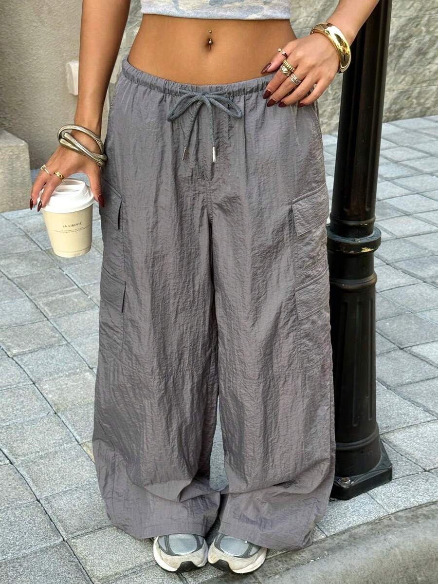 Muchica 女士休闲炭灰色梭织抽绳腰工装裤 - 灰色 - 查看 1