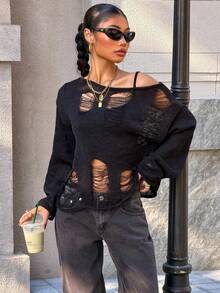 Muchica Women's Distressed Black Knit Pullover Sweater - Black - View 4