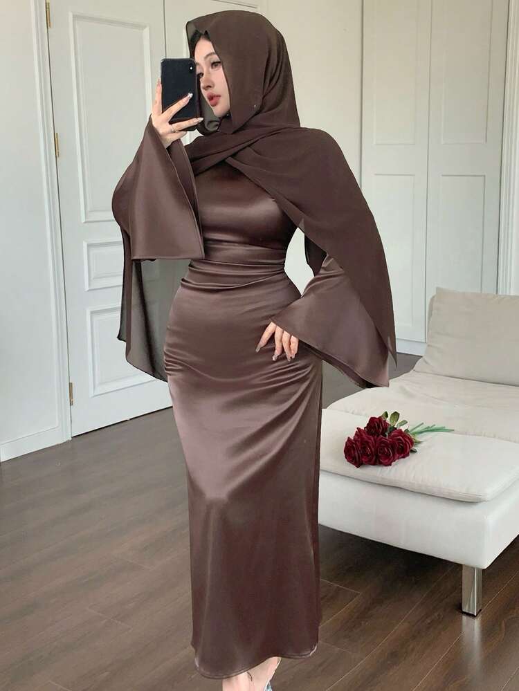 2pcs Set: Brown Shawl Scarf & Fitted Flare Sleeve Dress, Elegant For Parties, Weddings, Formal Events, Fashion Cocktail Dress Spring Wedding Guest Dress Sundress