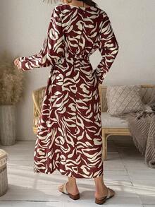 Vivie Lora Women's Round Neck Patterned Loose Mid-Length Dress - Brown - View 4