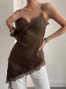 Strévra 蕾丝边无袖长款吊带背心，不对称下摆，时尚棕色，适合情人节、婚礼、派对、正式场合，优雅修身嘉年华风格 - 棕色 - 查看 2