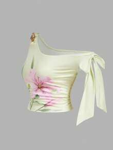 SHEIN MOD Große Größen Gelb Lilie Blumen Muster asymmetrischer Metall Blumen Saum Crop Top, elegantes unausgewogenes Design Bluse, geeignet für Frühling/Sommer Urlaub und Dates - Gelb - Übersicht 5