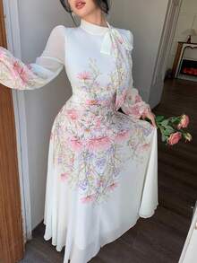 Modelyn Vestido de manga larga con estampado de colocación, plisado y con lazo en la cintura para mujeres - Rosa - Ver 8