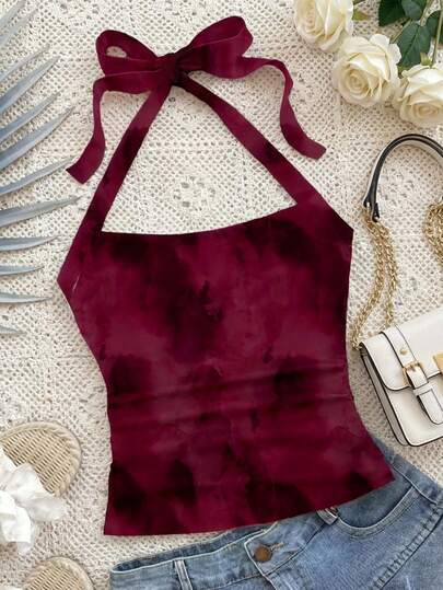 Soleia Parte superior tipo tanque de patrón de teñido anudado romántico burdeos para mujer, atuendo casual de Día de San Valentín primavera verano, sexy y lindo estilo de chica de coco, bohemio, festival de música, salir, chica de isla vintage, S