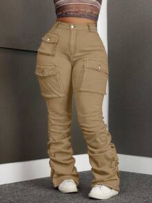 SHEIN SXY Plus Size Women Elastic Blue Denim Jeans With Pockets And Ruched Hem - Khaki - View 1