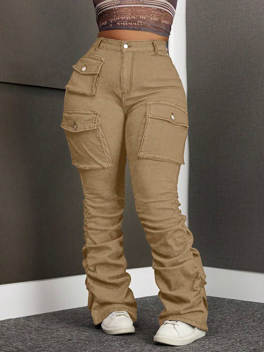 SHEIN SXY Plus Size Women Elastic Blue Denim Jeans With Pockets And Ruched Hem - Khaki - View 1