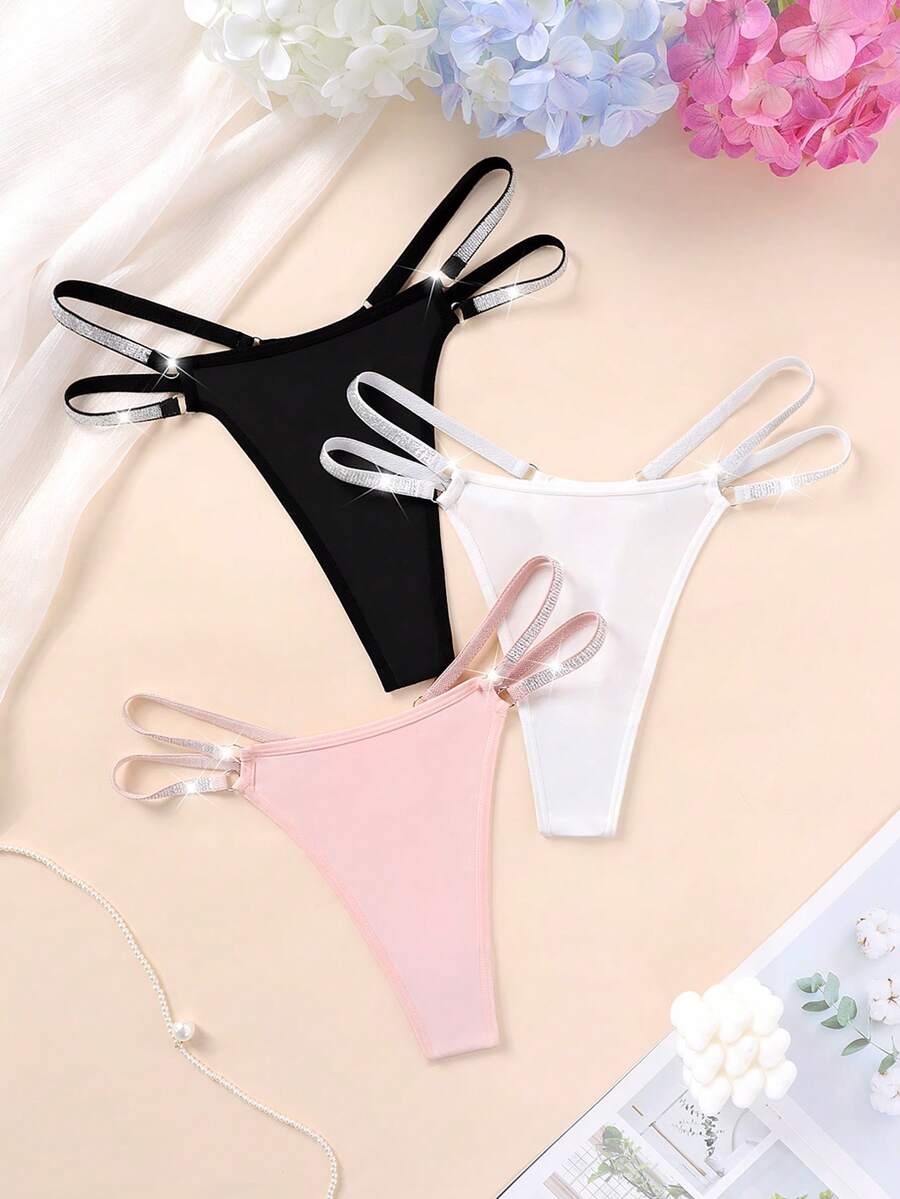 Bộ 3 quần lót dây mảnh phối sequin màu trơn dành cho nữ - Nhiều màu - Xem 1