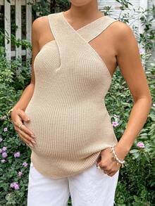 SHEIN Maternity Solid Color Criss-Cross Design Casual Knit Vest - Khaki - View 1