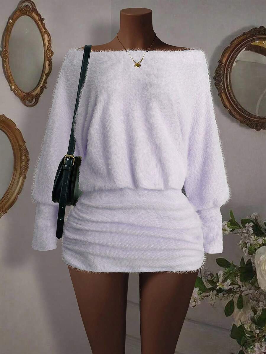 SHEIN PETITE Đầm ôm sát tay dài trễ vai xếp ly giả dệt kim màu mơ dành cho nữ, gợi cảm và thanh lịch, thích hợp cho tiệc tùng, trang phục Giáng sinh và Năm mới. - Màu tím hoa cà - Xem 1