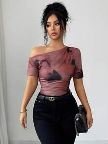 SHEIN Elenzya 女士咖啡棕色渐变不对称领口褶皱腰部短袖时尚优雅T恤，春夏款 - 咖啡棕 - 查看 3