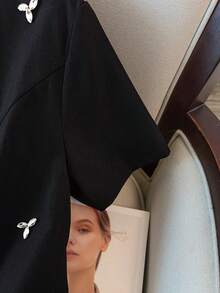 GlowEve CURVE Plus Size Women's Bestselling Elegant Rhinestone Floral Decor Round Neck Fitted Dress, Suitable For Daily Commute, Party, Date, Versatile - Black - View 4